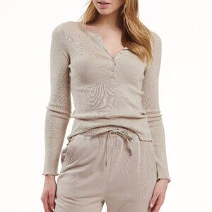 REVOLVE Splendid Layton Henley Top Heather Latte Ribbed Silk Long Sleeve Size S